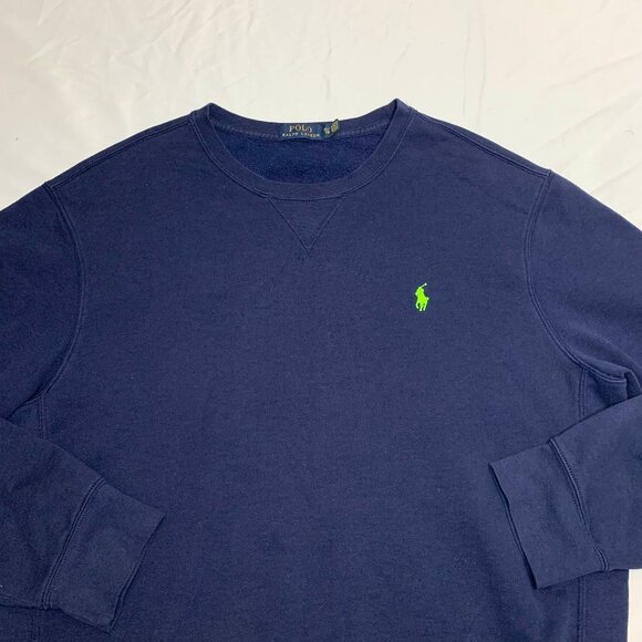 Polo Ralph Lauren Mens Navy Blue Fleece Crew neck Sweatshirt XL Neon Green Logo - Picture 2 of 9